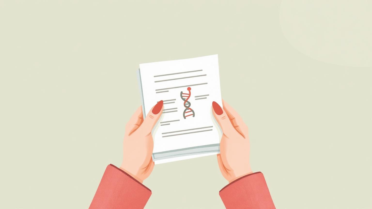 Hands holding a medical paper with a DNA helix symbol