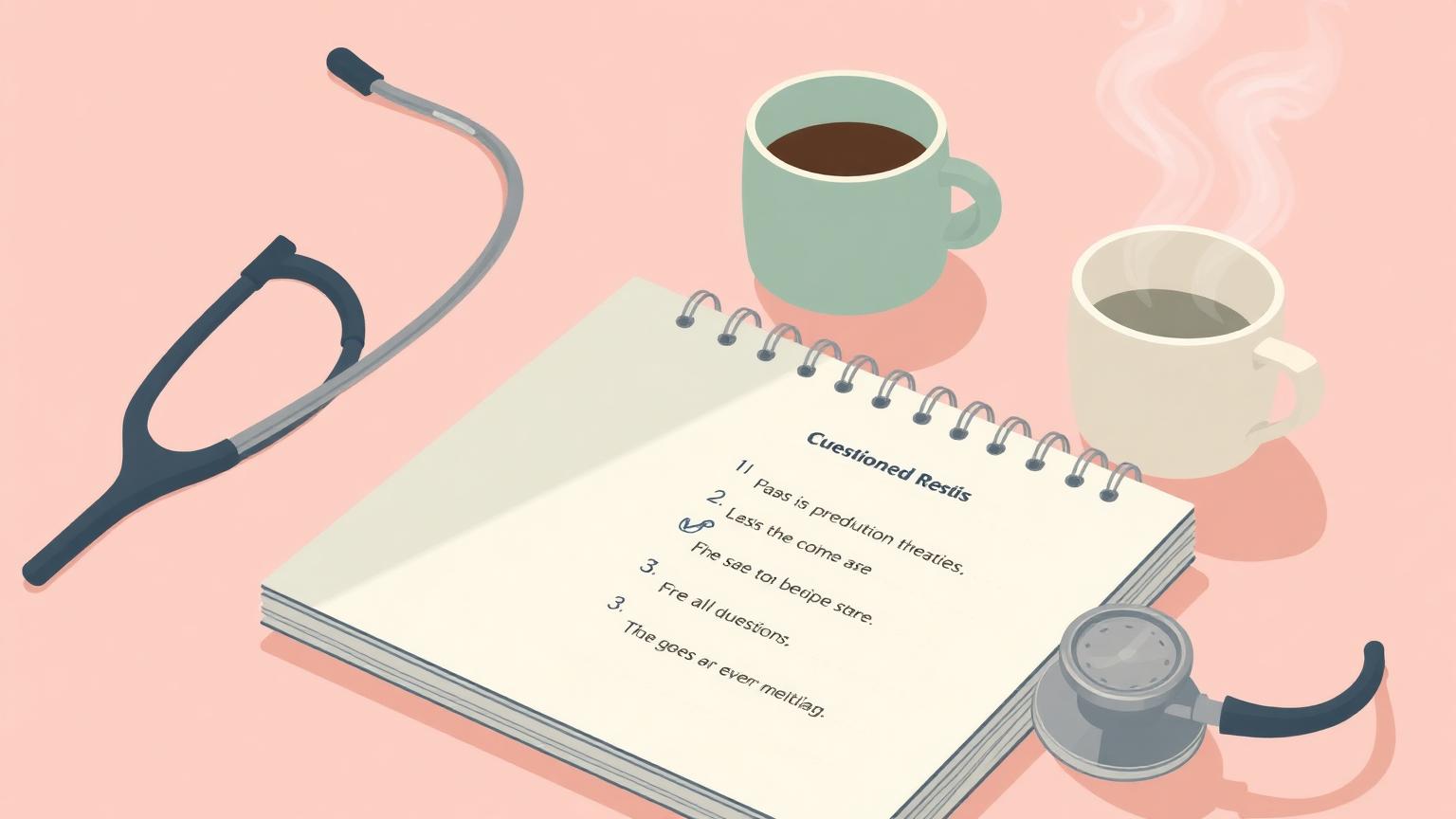 Notebook with prepared questions next to a stethoscope and a warm mug